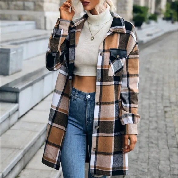 Cozy Plaid Print Button Up Oversized LIGHT Jacket Shacket Top - Picture 1 of 7